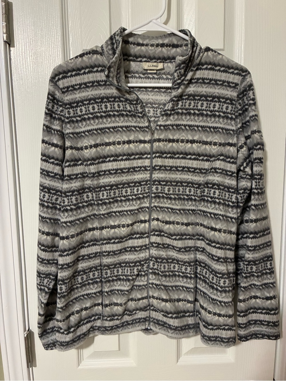 L.L. Bean Gray & White Patterned Full-Zip Teddy Fleece Jacket